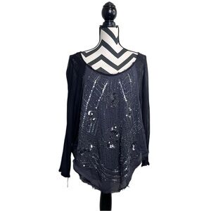 Free People Boho Whimsigoth Beaded Sequin Sz XS Distressed Dolman Sleeve Top